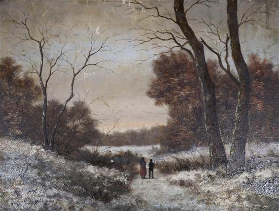 L. Flatleau, oil on wooden panel, Figures in a winter landscape, indistinctly signed, 16 x 21cm, unframed